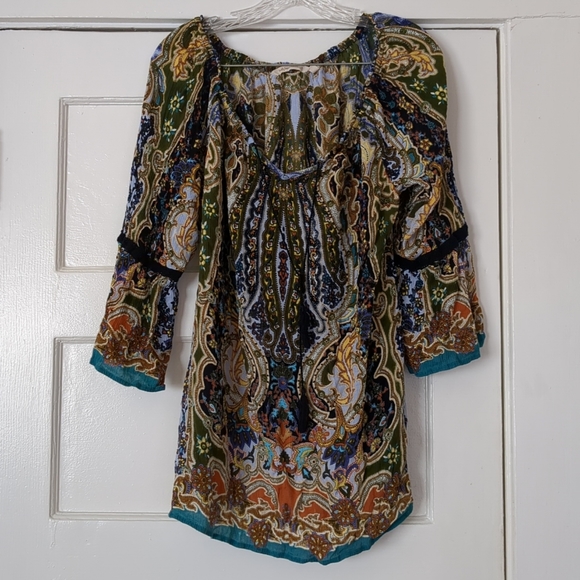 Soft Surroundings Tops - Soft Surroundings Large Blue Green Paisley Crinkle Tassel Boho Tunic Boho Artsy